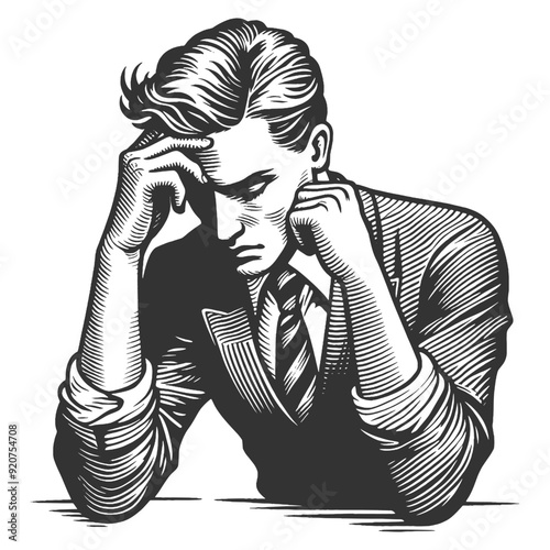 Sad depressed man deeply lost in thought his head resting on his hand, moment of intense stress or contemplation or concern sketch engraving generative ai vector illustration. Black and white image.