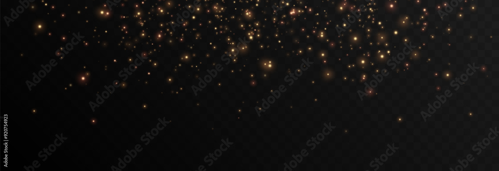 Vector gold dust png. Gold sparkles on isolated transparent background. Spraying glowing particles, glowing dust png. Light effect, Christmas light.