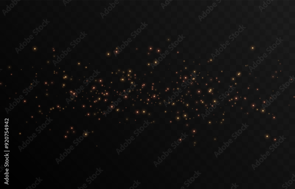 Vector gold dust png. Gold sparkles on isolated transparent background. Spraying glowing particles, glowing dust png. Light effect, Christmas light.