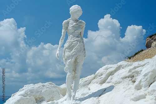 Lot's wife turns into a pillar of salt as she looks back at the destruction of Sodom, defying the angel's command in this biblical scene.

 photo