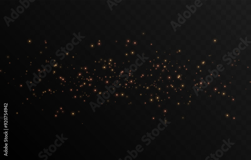 Vector gold dust png. Gold sparkles on isolated transparent background. Spraying glowing particles, glowing dust png. Light effect, Christmas light.