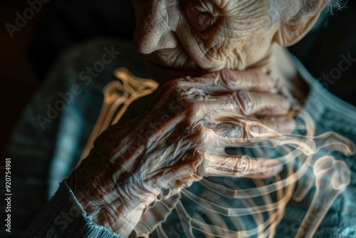 A close-up image of an elderly person's hand displaying illuminated skeletal structures beneath the skin, highlighting the intricate details of aging and the human anatomy.