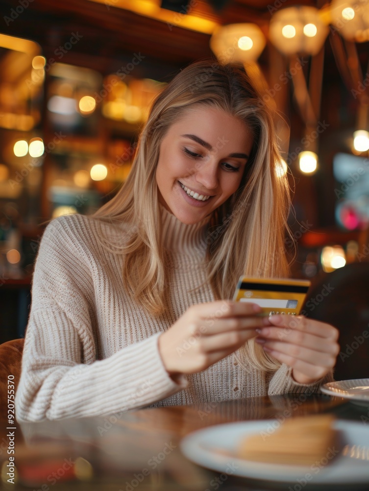 A young woman smiling at the camera while paying with a credit card in a bar setting. She's wearing a cozy sweater and is seated at a table with her meal. A young woman smiling at the camera while paying with a credit card in a bar setting. She's wearing a cozy sweater and is seated at a table with her meal.