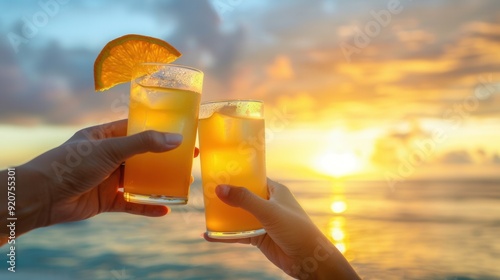 Two glasses of orange juice clink with tropical sea and sunset romantic background