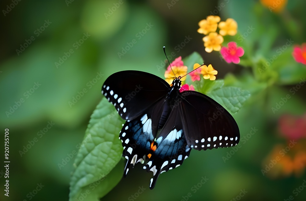 swallowtail butterfly at lantana flowers. Macro image showing a black and blue butterfly at garden area swallowtail butterfly at lantana flowers. Macro image showing a black and blue butterfly at garden area