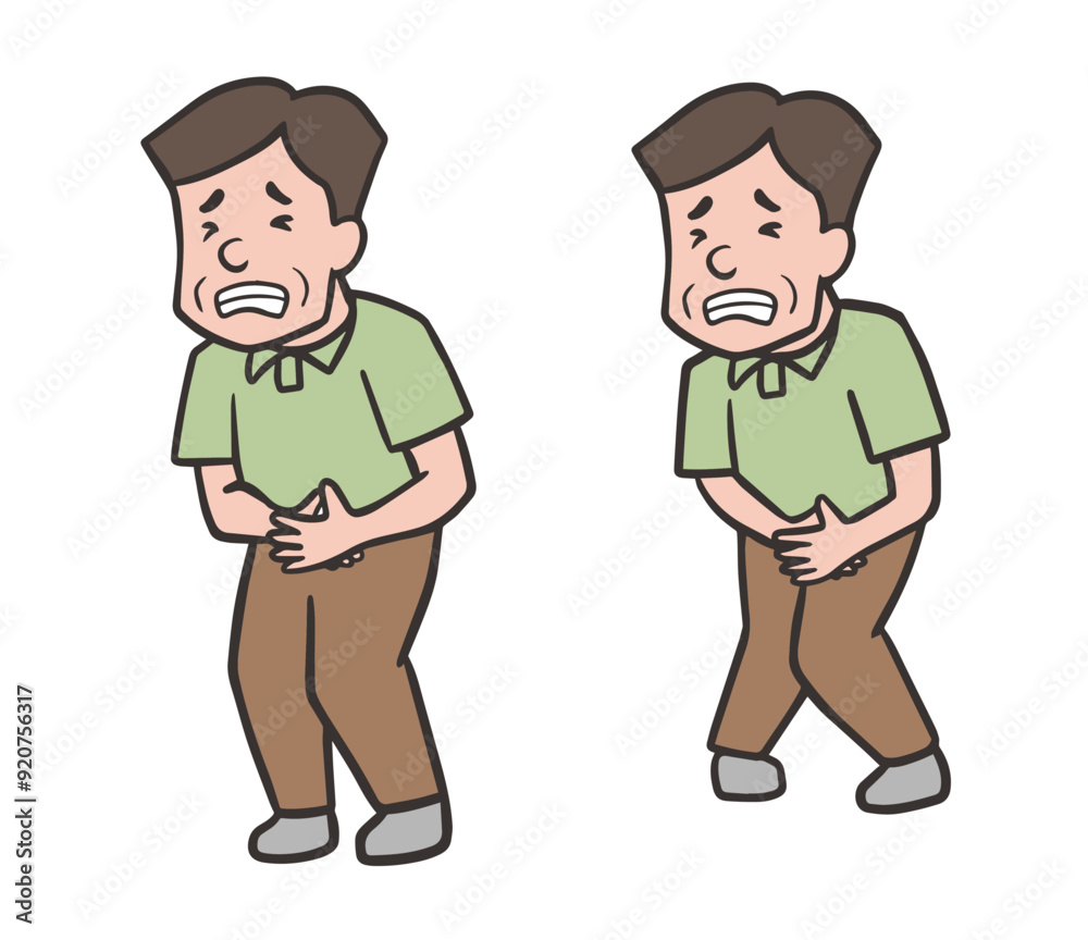 お腹が痛くて漏れそうな中年男性のイラストセット お腹が痛くて漏れそうな中年男性のイラストセット