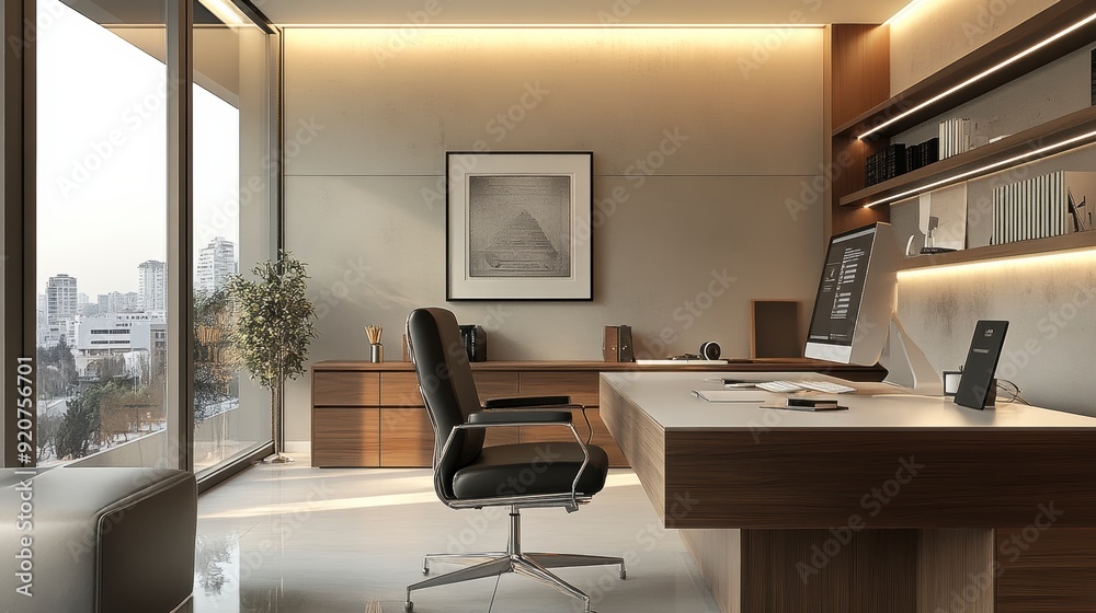 Modern minimalist office design with city view Modern minimalist office design with city view