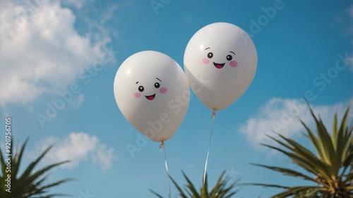 Adorable little white balloon fisn'th-like creatures using different facial expressions on a sky blue background. photo