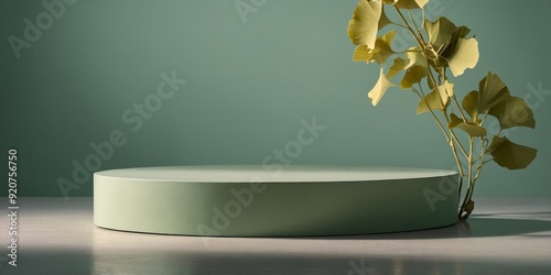 Abstract empty podium with Ginkgo Biloba leaves and shadows on pastel green background Mock up stand for product presentation Minimal composition Advertising template. photo