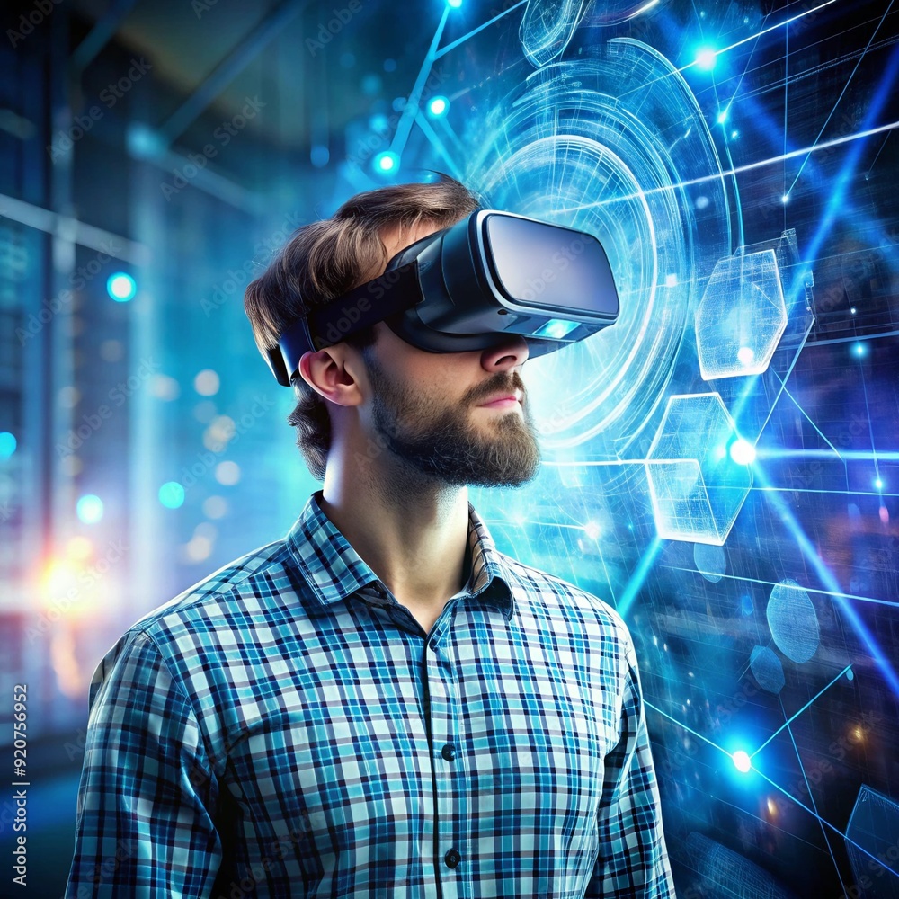 A man wearing a virtual reality headset experiencing an immersive digital environment A man wearing a virtual reality headset experiencing an immersive digital environment