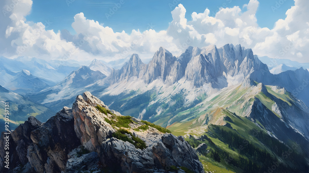Majestic Mountain Range Under a Clear Sky - An oil painting depiction ...