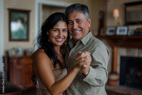 A loving couple smiling and holding hands in their home.