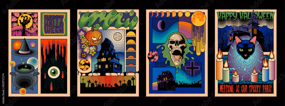 Halloween Psychedelic Poster Set. Happy Halloween Party, Event Placards, Invitations. Vector Templates for Halloween Covers, Illustrations, Posters. October 31 Colorful Abstract Objects Halloween Psychedelic Poster Set. Happy Halloween Party, Event Placards, Invitations. Vector Templates for Halloween Covers, Illustrations, Posters. October 31 Colorful Abstract Objects