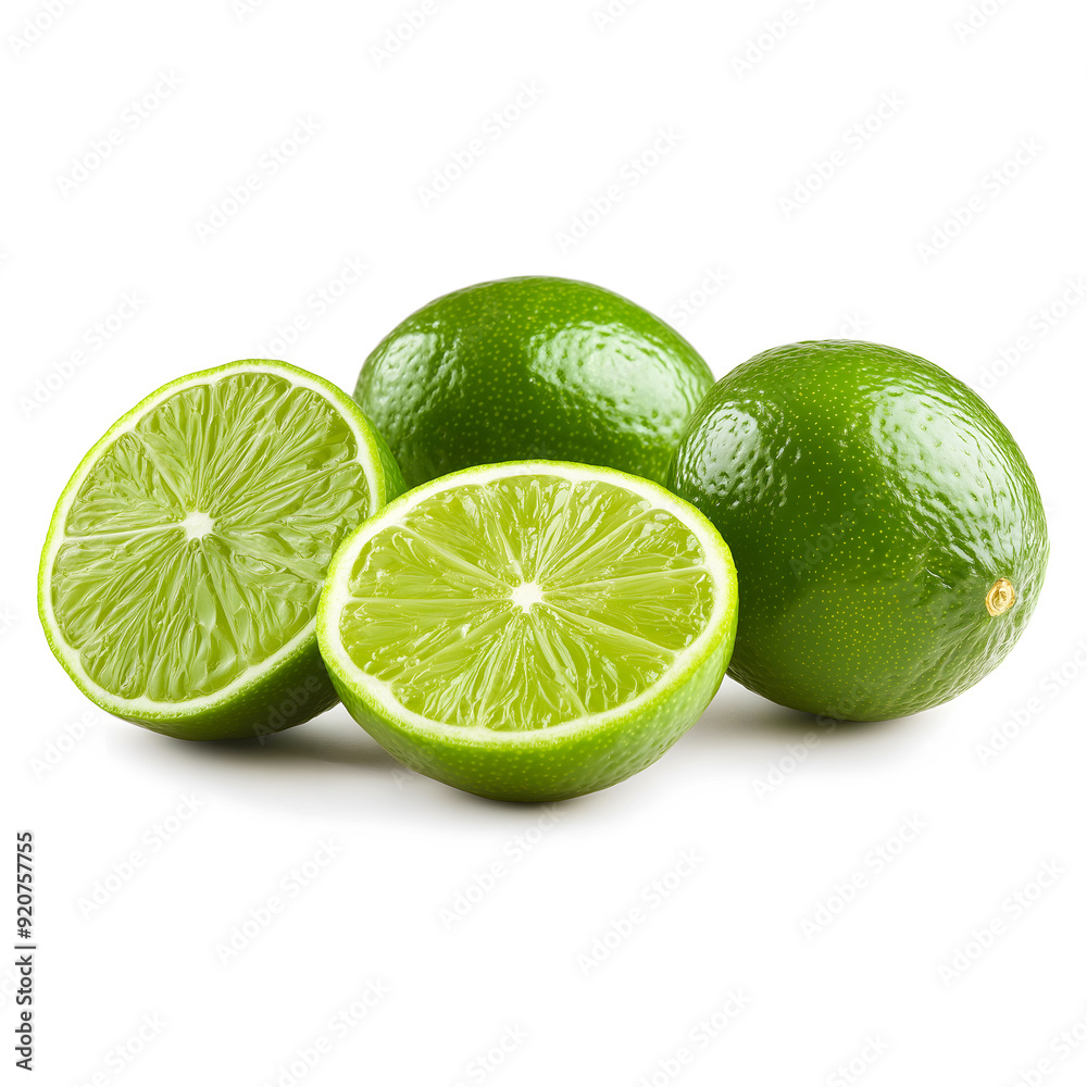 Fresh Green Limes: Juicy Citrus Fruits with Slices on White Background Fresh Green Limes: Juicy Citrus Fruits with Slices on White Background
