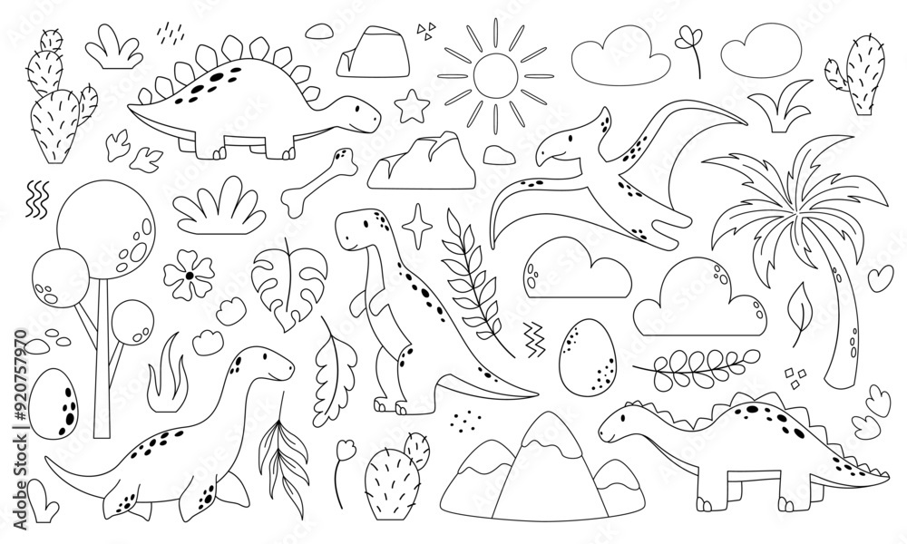 Obraz premium Vector dinosaur set. Line art illustrations