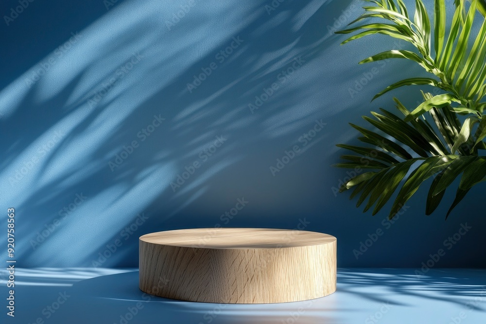 Cylinder shape wooden podium, stand and deep shadow on blue wall background. Background for product. Front view. Mockup with generative ai Cylinder shape wooden podium, stand and deep shadow on blue wall background. Background for product. Front view. Mockup with generative ai