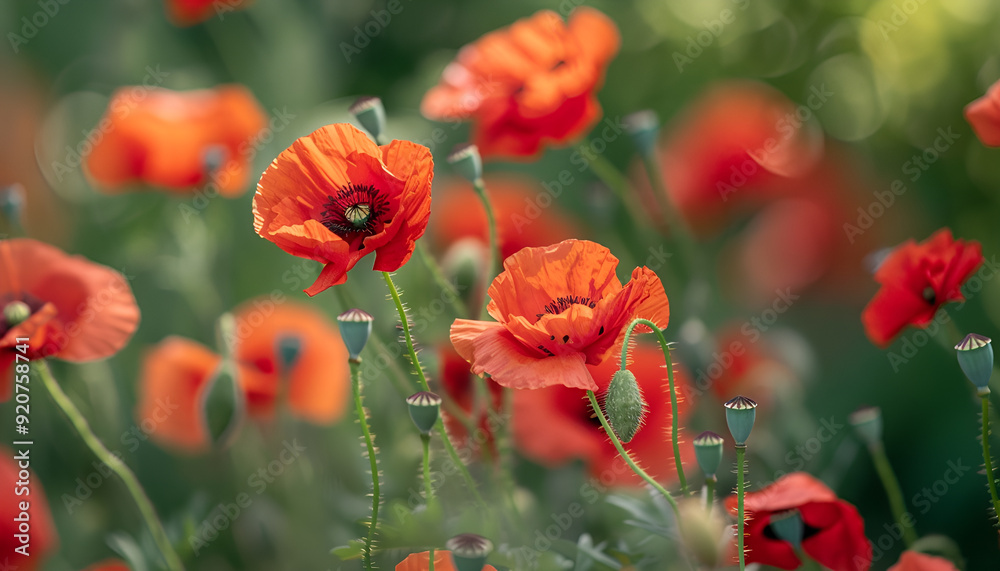 close up of red poppy flowers in a field close up of red poppy flowers in a field