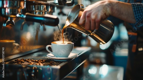 This image shows a barista skillfully pouring coffee into a cup in a cozy cafe setting, reflecting the art and expertise of coffee making. Steam conveys warmth and freshness.