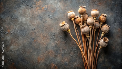 Bouquet of dried poppy heads on dark grunge background, top view, flat lay, copy space, poppy, dried, flower, bouquet