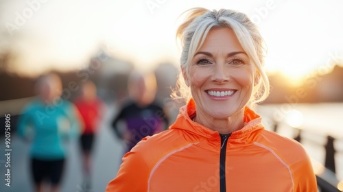 A smiling woman dressed in an orange jacket stands on a busy city bridge, looking vibrant and happy as she enjoys the early morning outdoor activity amid urban surroundings. photo