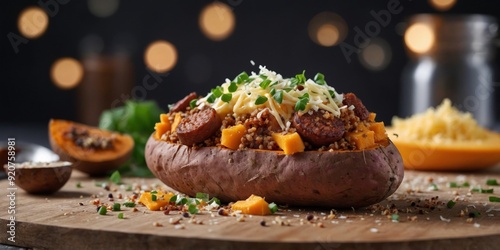 Baked sweet potato topped with buckwheat turkey sausage and a sprinkle of shredded cheese for a protein boost. photo