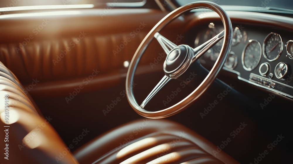Classic car interior, rich brown leather seats, vintage dashboard, soft ...