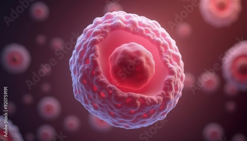  3D rendering of a human cell with a nucleus and mitochondria photo