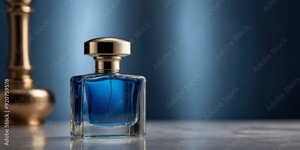 This image features a classic blue perfume bottle with a sleek metallic cap positioned gracefully on a shelf, capturing the essence of elegance and sophistication.