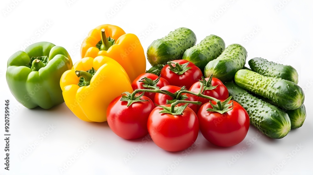 A neat arrangement of colorful bell peppers, cucumbers, and tomatoes on a white background, symbolizing fresh and wholesome ingredients for a healthy meal A neat arrangement of colorful bell peppers, cucumbers, and tomatoes on a white background, symbolizing fresh and wholesome ingredients for a healthy meal