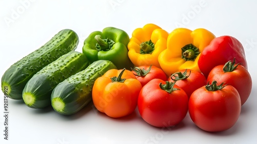 A neat arrangement of colorful bell peppers, cucumbers, and tomatoes on a white background, symbolizing fresh and wholesome ingredients for a healthy meal