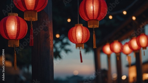 red chinese paper lantern hanging in a row. photo