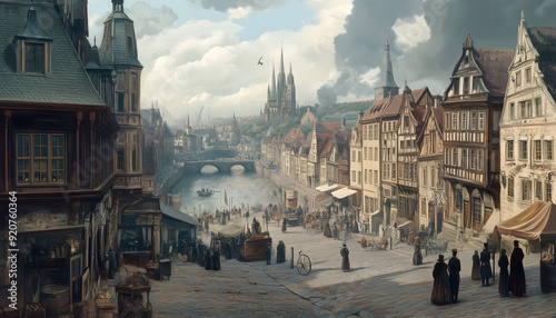 An illustration of the center of a European city in the 19th century