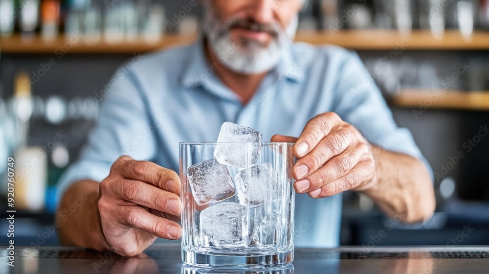 A bartender's hands are carefully dropping ice cubes into a large glass at a modern bar, showcasing precision and care in the preparation of a refreshing and chilled drink. A bartender's hands are carefully dropping ice cubes into a large glass at a modern bar, showcasing precision and care in the preparation of a refreshing and chilled drink.