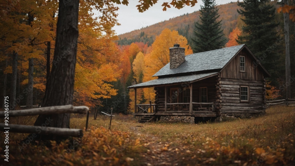 A rustic cabin surrounded by fall foliage, peaceful retreat, autumn getaway. A rustic cabin surrounded by fall foliage, peaceful retreat, autumn getaway.