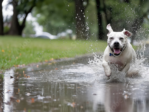 A dog is running through a puddle of water, splashing water everywhere. The dog is happy and enjoying the moment