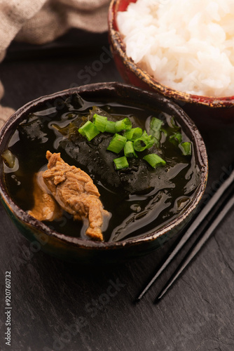 Close-up of Korean Seaweed Soup Miyeok Guk in a serving bowl