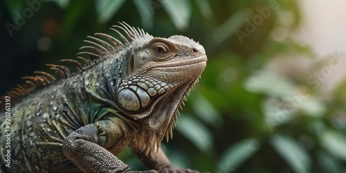 The iguana is doing his morning beauty routine Concept of trendy anthropomorphism. photo