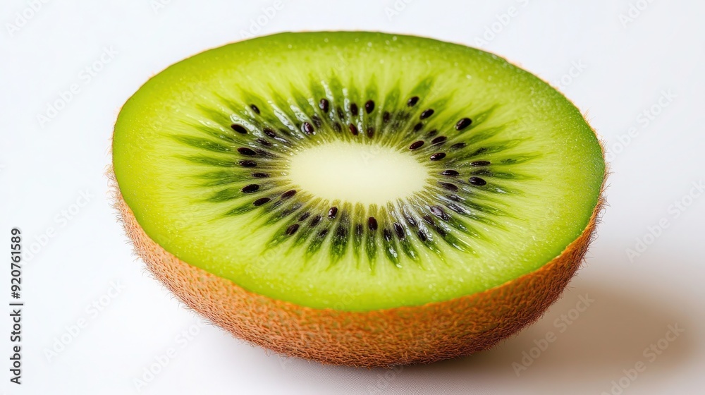 Vibrant Close-Up of Fresh Kiwi Fruit Slice on White Background - Healthy Snack Concept Vibrant Close-Up of Fresh Kiwi Fruit Slice on White Background - Healthy Snack Concept