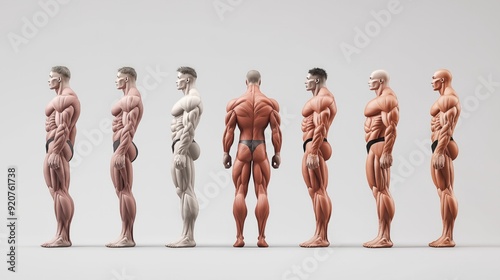 A series of muscular human figures showcasing anatomy in diverse skin tones, ideal for fitness and anatomical illustration. photo