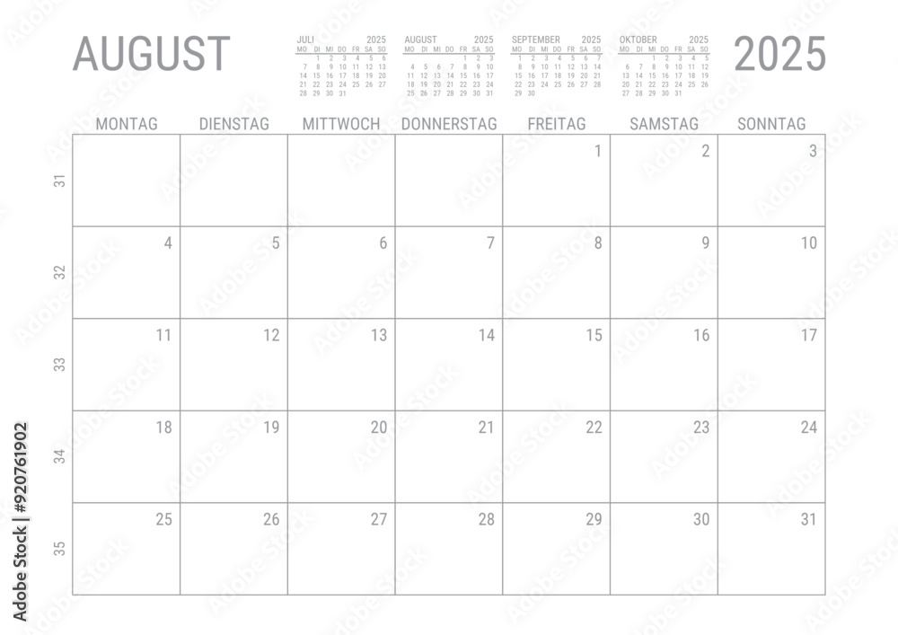 Monat Kalender August 2025 Monatskalender Kalenderblatt Kalendarium mit Kalenderwoche Planer DIN A4 Deutsch	