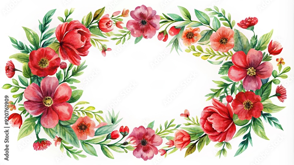 Obraz premium Watercolor red flowers arranged in a border, wreath, and frame on a background, watercolor, red, flowers, border, wreath