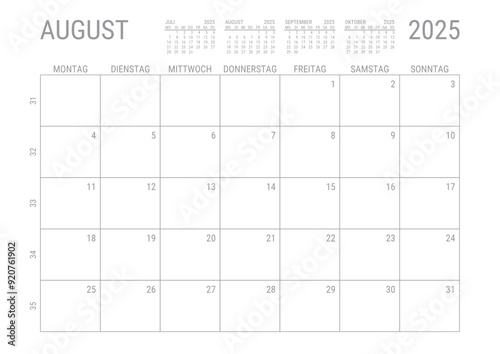 Monat Kalender August 2025 Monatskalender Kalenderblatt Kalendarium mit Kalenderwoche Planer DIN A4 Deutsch	