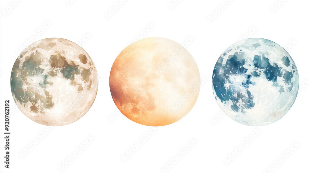 A set of watercolor illustrations depicting full moons in different color tones, perfect for celestial-themed projects and designs.
