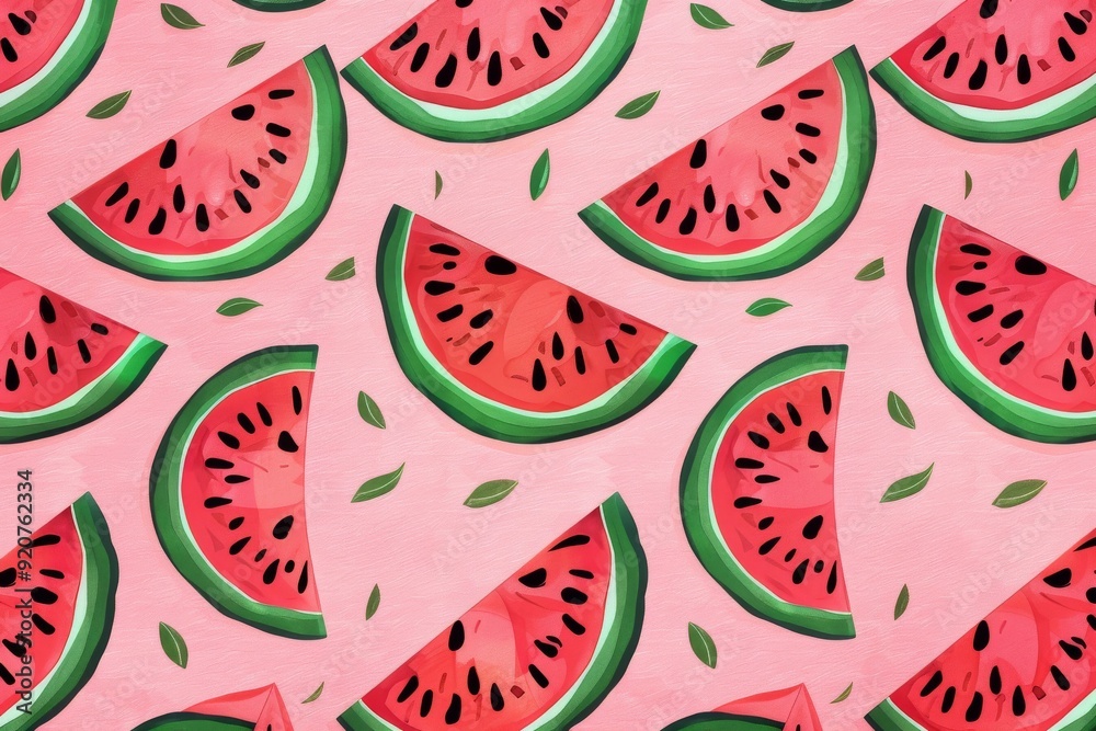 Hand-drawn seamless background with slices of watermelon. Beautiful simple AI generated image in 4K, unique. Hand-drawn seamless background with slices of watermelon. Beautiful simple AI generated image in 4K, unique.