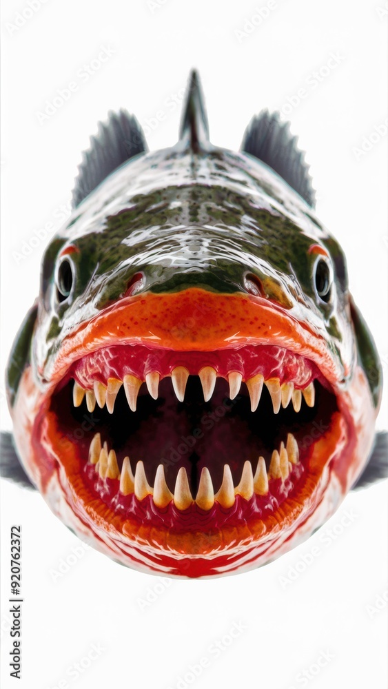 Naklejka premium A close up of a fish with its mouth open and teeth showing, AI