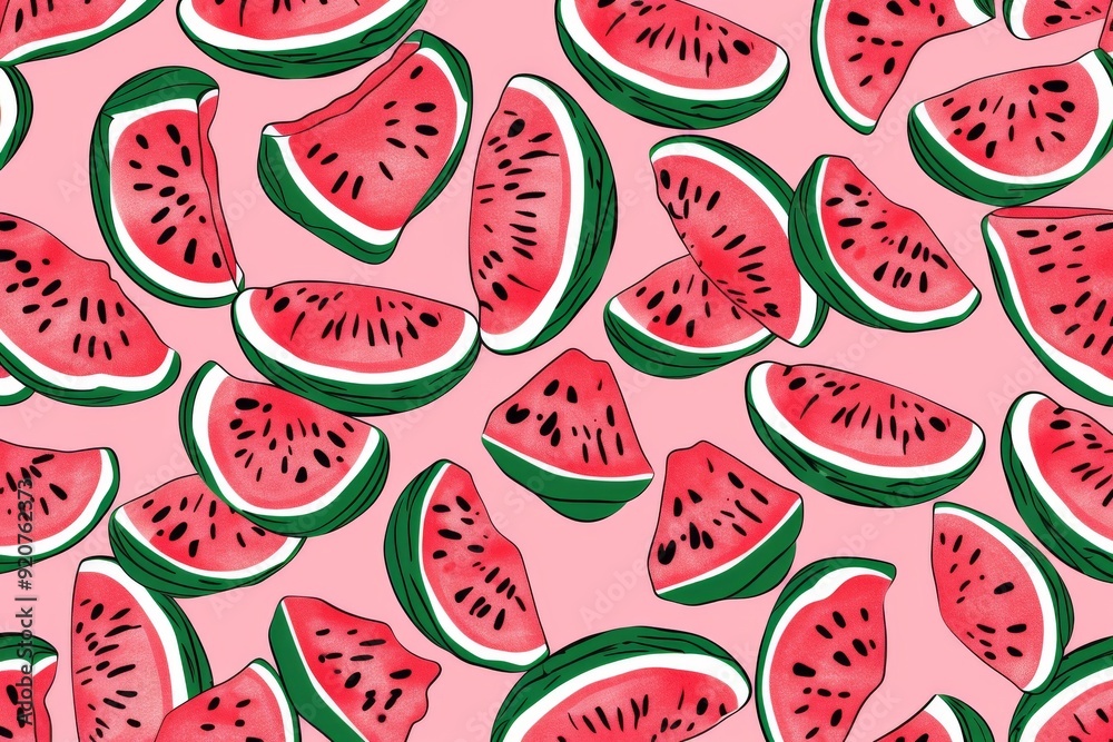 Seamless pattern with watermelon slices on a black background, flat vector illustration. For t-shirt prints and other uses.. Beautiful simple AI generated image in 4K, unique. Seamless pattern with watermelon slices on a black background, flat vector illustration. For t-shirt prints and other uses.. Beautiful simple AI generated image in 4K, unique.