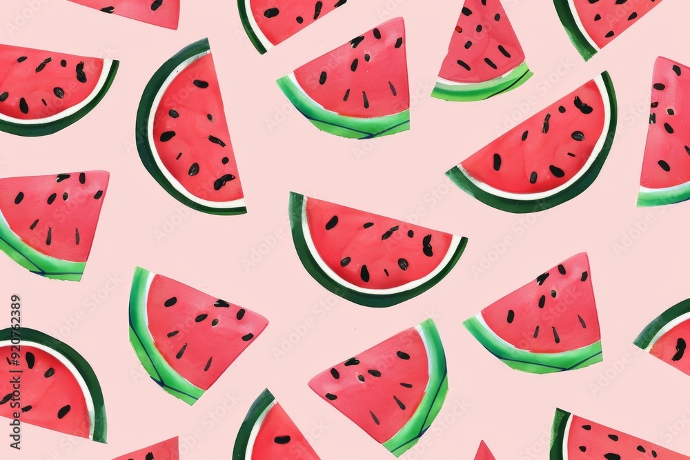 Hand-drawn seamless background with slices of watermelon. Beautiful simple AI generated image in 4K, unique. Hand-drawn seamless background with slices of watermelon. Beautiful simple AI generated image in 4K, unique.