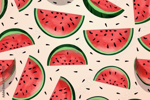 Half-cut Watermelon Fruits Logo seamless pattern Flat Design Cartoon Vector. Beautiful simple AI generated image in 4K, unique.