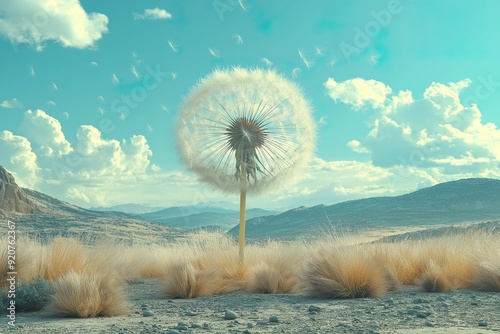 A giant dandelion in the middle of a desert, its seeds blowing away into the wind, ethereal atmosphere