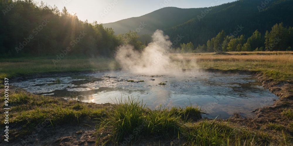 A secluded meadow with a natural hot spring bubbling up from the ground offering contrast between hot and cold temperatures. A secluded meadow with a natural hot spring bubbling up from the ground offering contrast between hot and cold temperatures.